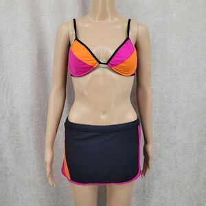 VM Sport Vintage 90s Vibrant Pink and Orange Women's Swimsuit Set Bikini Skort